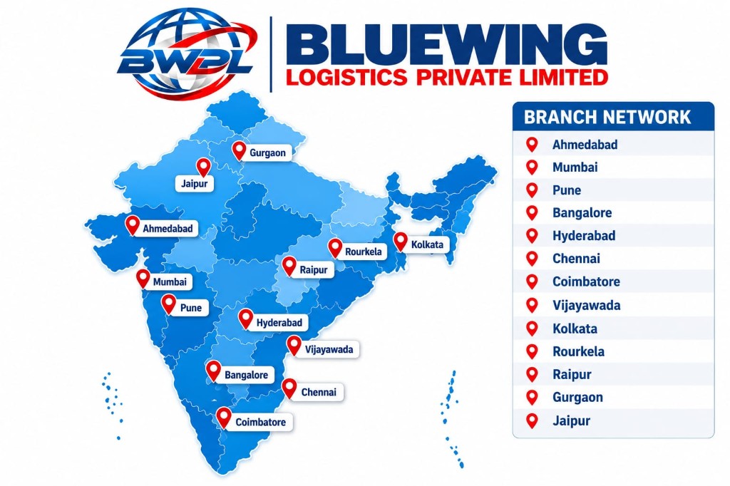 Bluewing Logistics Private Limited branch network across India: Ahmedabad, Mumbai, Pune, Bangalore, Hyderabad, Chennai, Coimbatore, Vijayawada, Kolkata, Rourkela, Raipur, Gurgaon, and Jaipur.